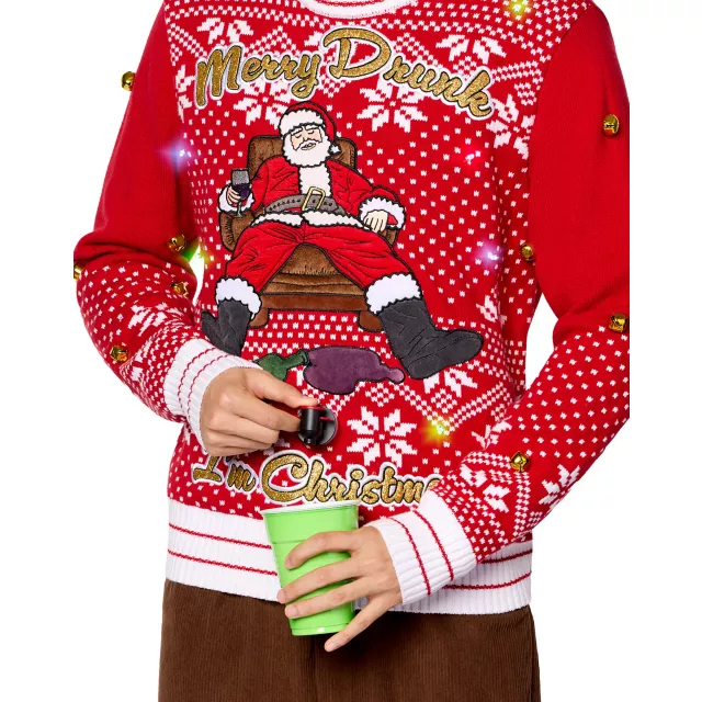 Light-Up Merry Drunk Santa Beverage Dispenser Christmas Sweater