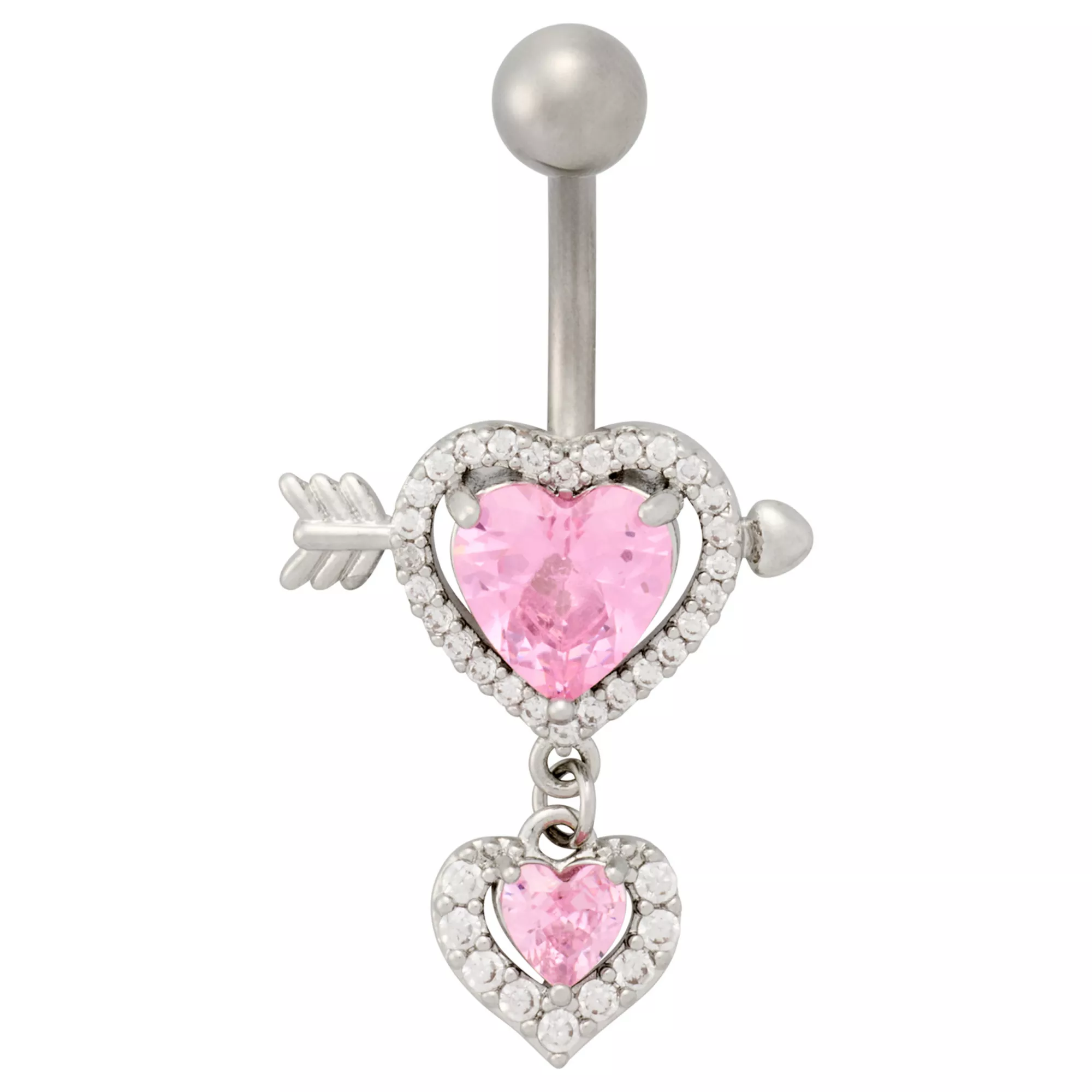 Pink CZ Double Hearts Silver-Plated Titanium Dangle Belly Ring - 14 Gauge at Spencer's