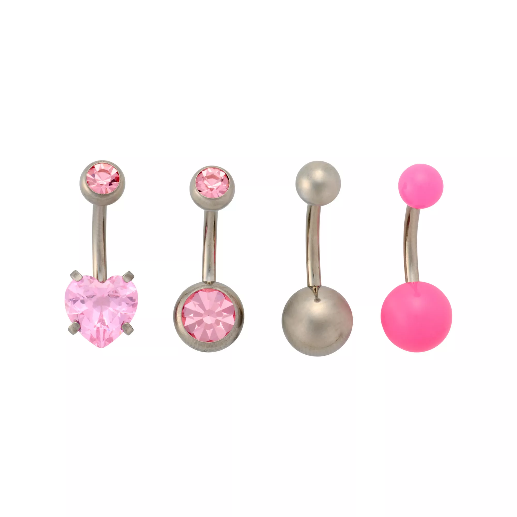 Multi-Pack Pink CZ Heart Silver-Plated Titanium Belly Rings 4 Pack - 14 Gauge at Spencer's