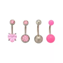 Multi-Pack Pink CZ Heart Silver-Plated Titanium Belly Rings 4 Pack - 14 Gauge at Spencer's