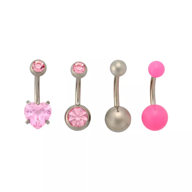 Multi-Pack Pink CZ Heart Silver-Plated Titanium Belly Rings 4 Pack - 14 Gauge at Spencer's