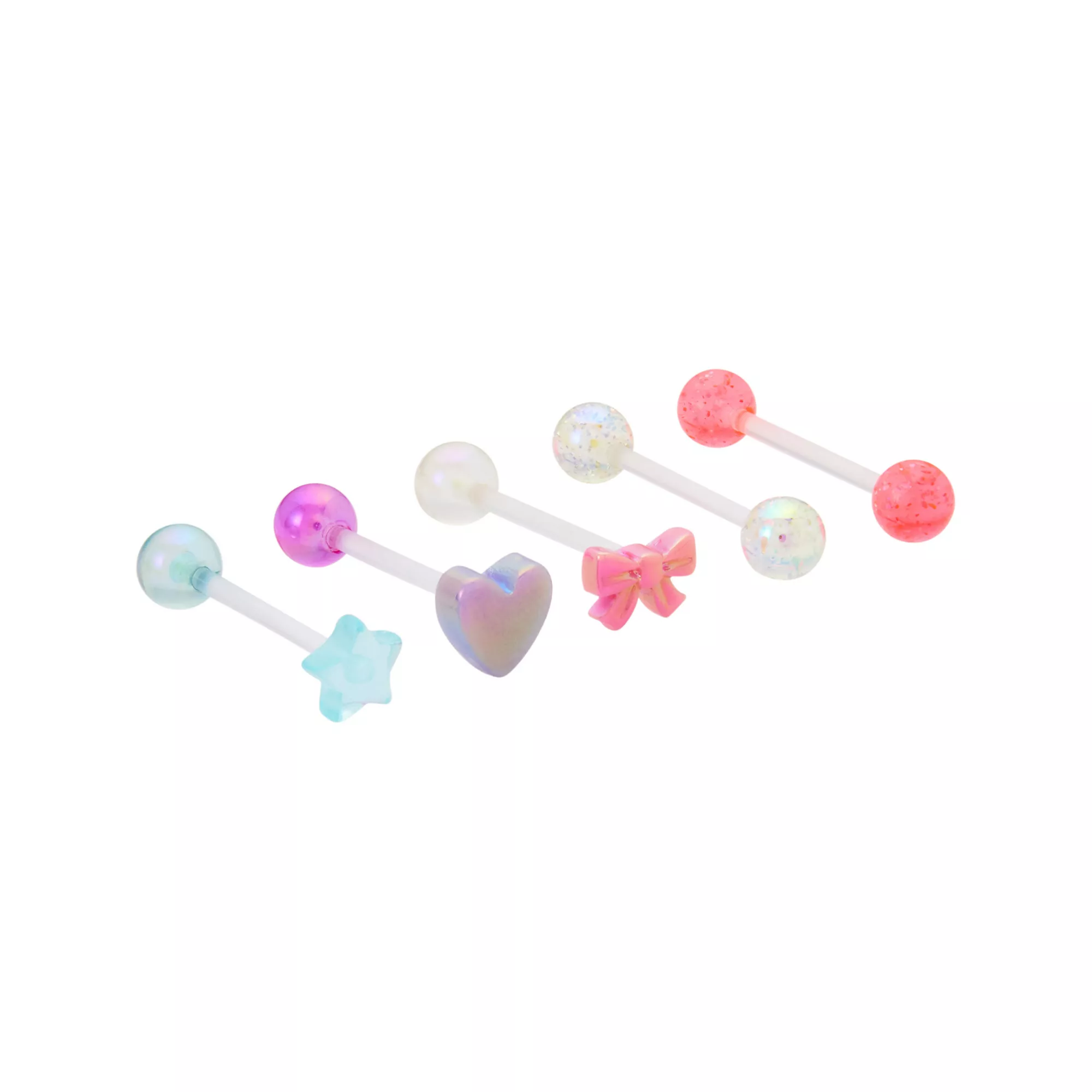 Multi-Pack Purple Pink and Blue Charm Acrylic Tongue Barbells 5 Pack - 14 Gauge