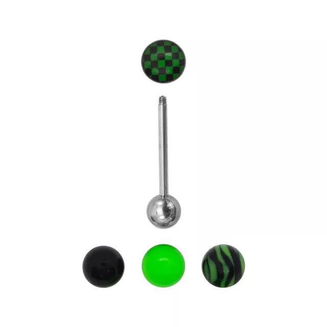 Silvertone Barbell with Green and Black Extra Balls 3 Pack - 14 Gauge