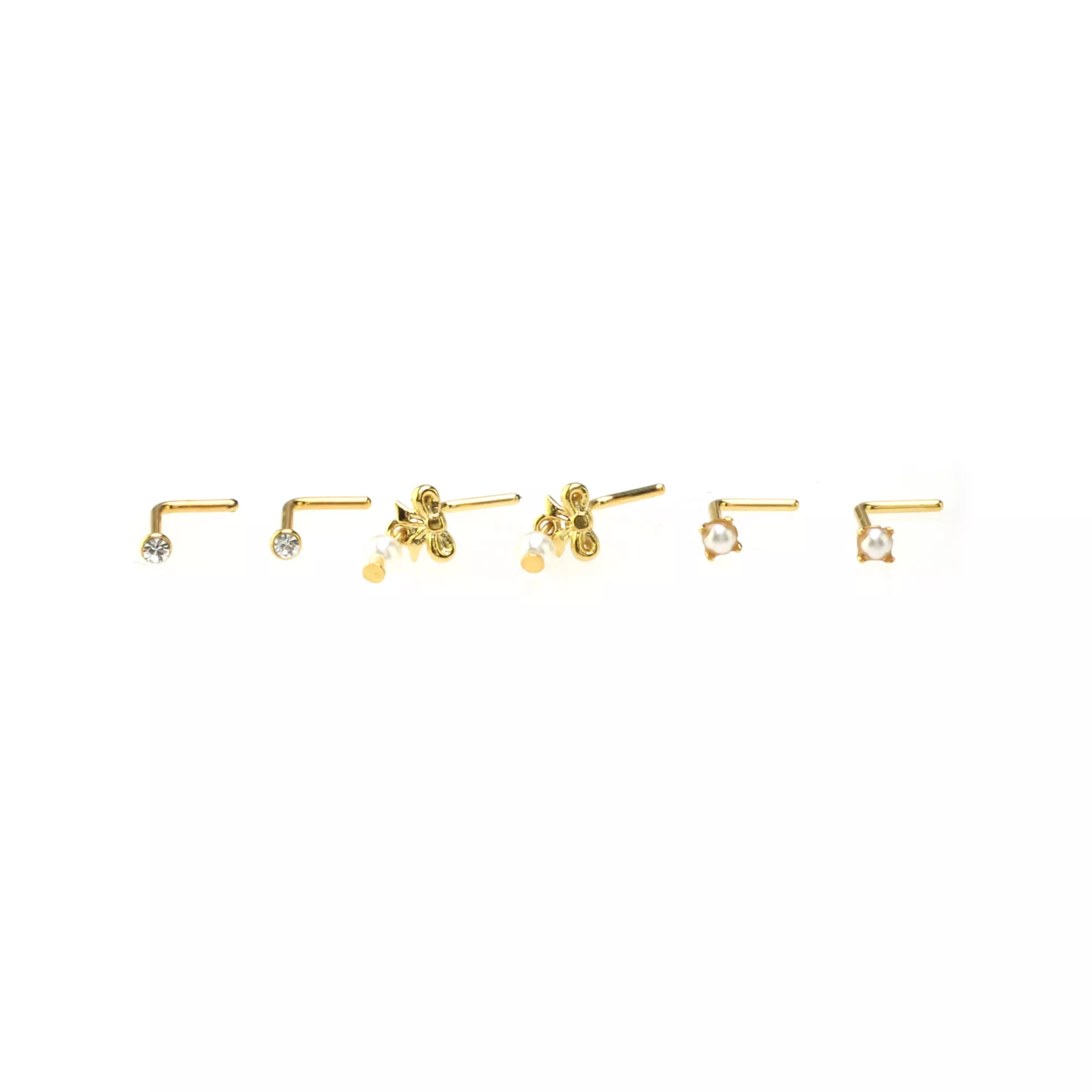 Multi-Pack Goldtone Bow Dangle and Pearl-Effect L-Bend Nose Pins 6 Pack - 20 Gauge at Spencer's