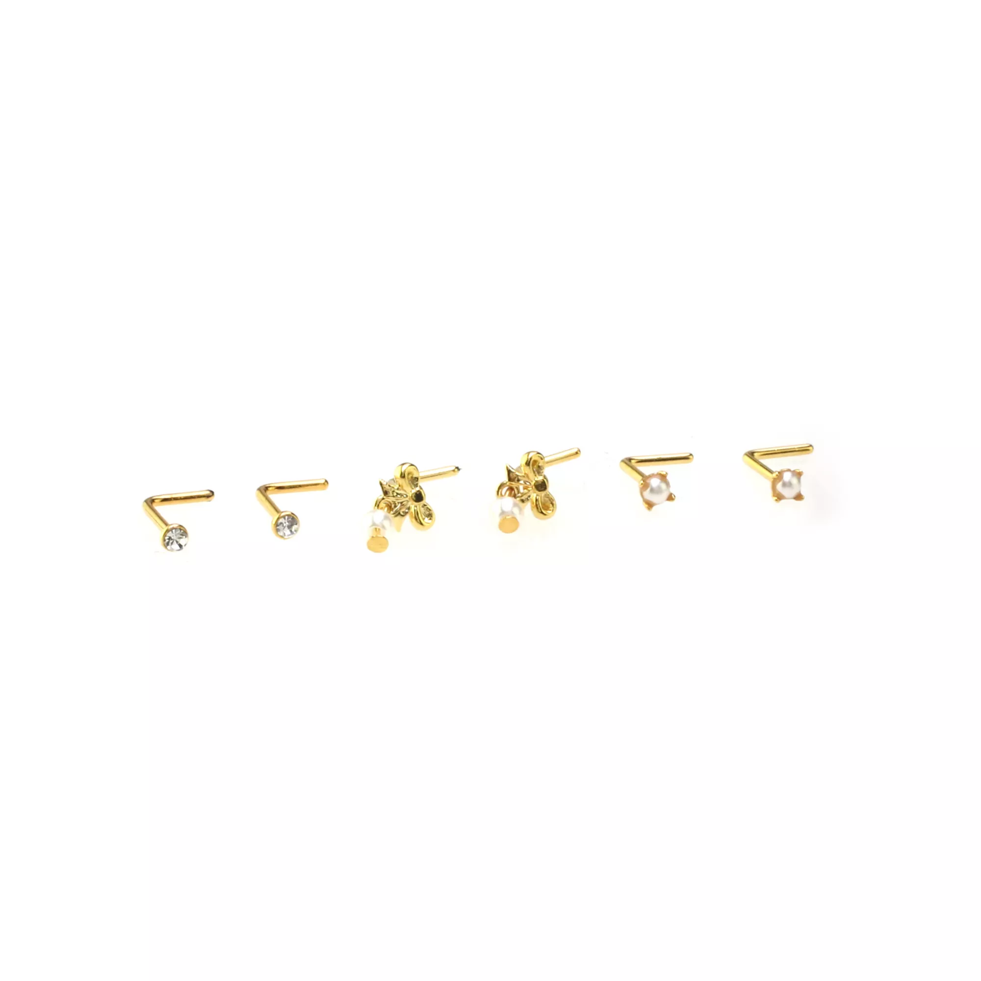 Multi-Pack Goldtone Bow Dangle and Pearl-Effect L-Bend Nose Pins 6 Pack - 20 Gauge