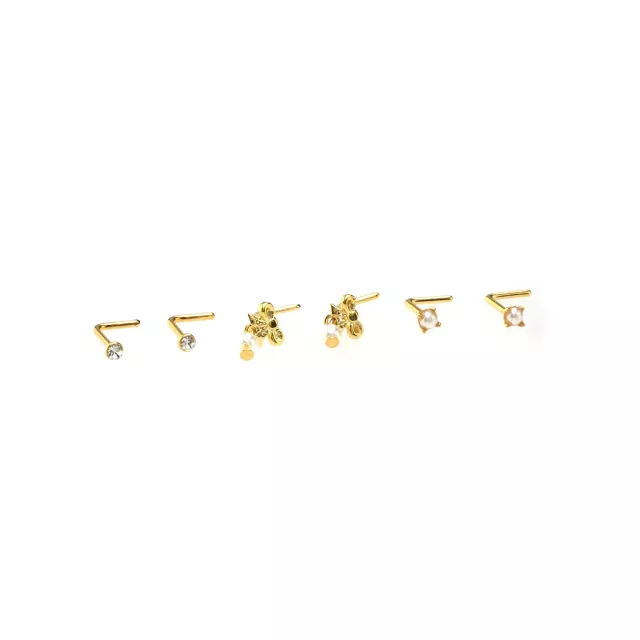 Multi-Pack Goldtone Bow Dangle and Pearl-Effect L-Bend Nose Pins 6 Pack - 20 Gauge at Spencer's