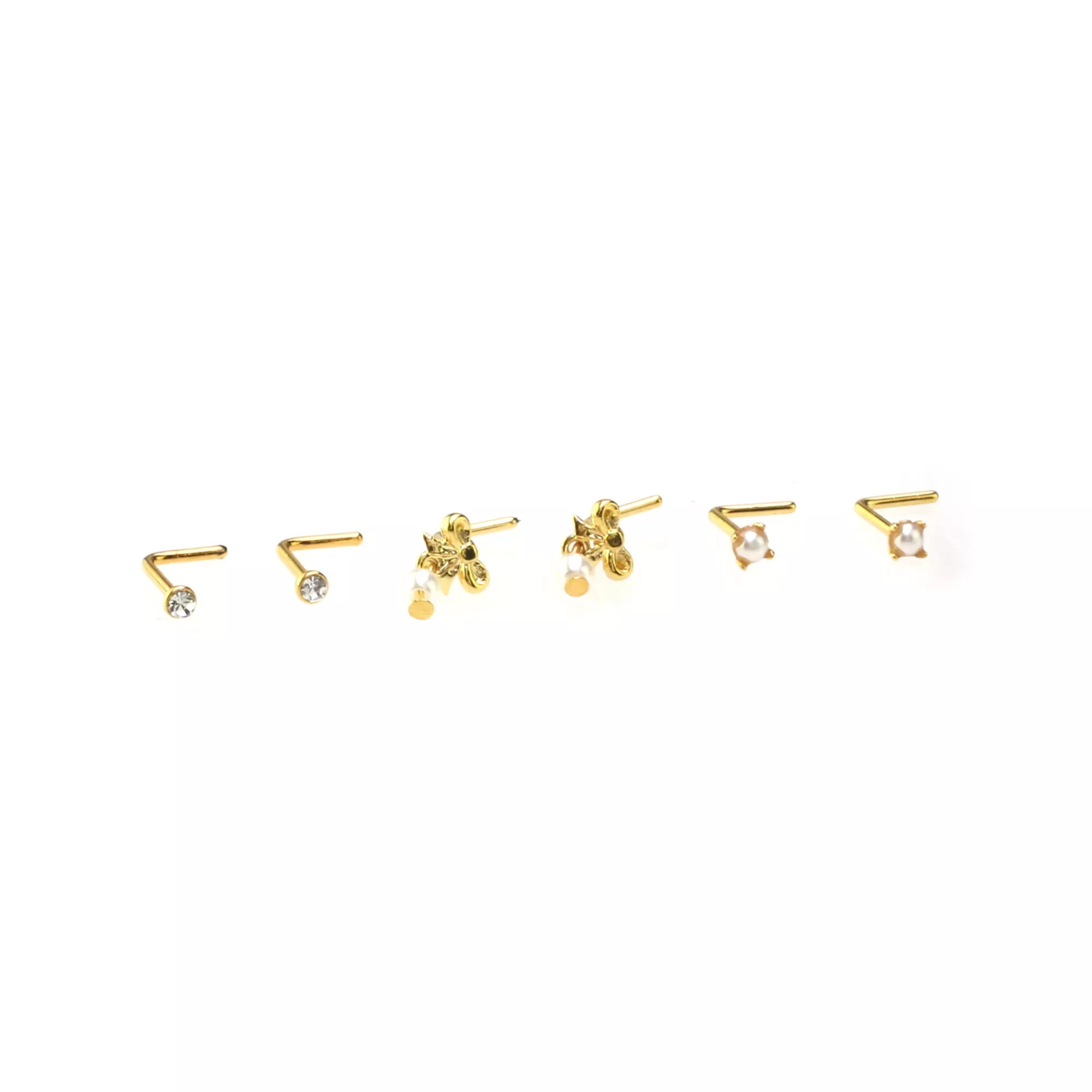 Multi-Pack Goldtone Bow Dangle and Pearl-Effect L-Bend Nose Pins 6 Pack - 20 Gauge at Spencer's
