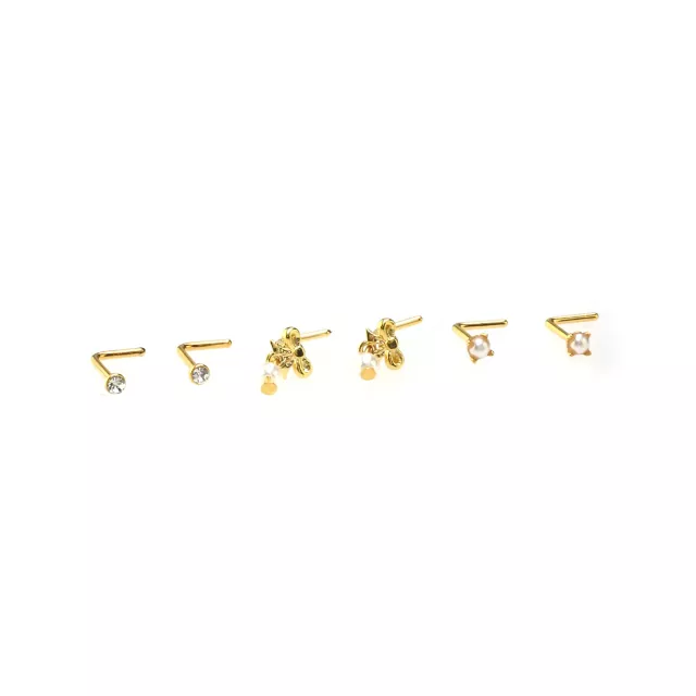 Multi-Pack Goldtone Bow Dangle and Pearl-Effect L-Bend Nose Pins 6 Pack - 20 Gauge at Spencer's