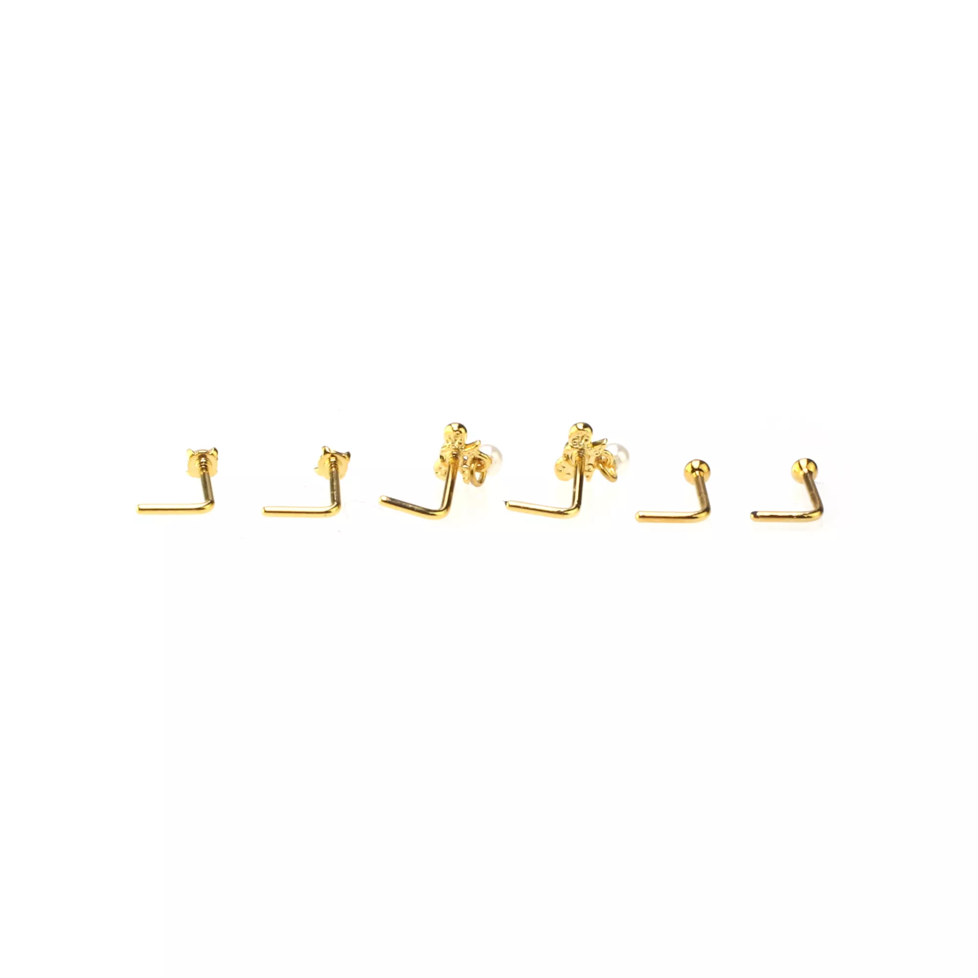 Multi-Pack Goldtone Bow Dangle and Pearl-Effect L-Bend Nose Pins 6 Pack - 20 Gauge at Spencer's