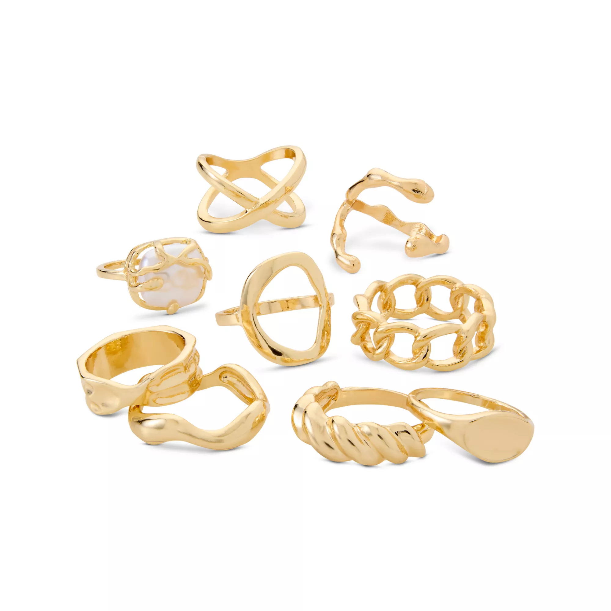 Multi-Pack Pearl-Effect Gold-Tone Assorted Rings - 9 Pack at Spencer's