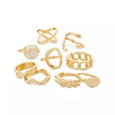 Multi-Pack Pearl-Effect Gold-Tone Assorted Rings - 9 Pack at Spencer's