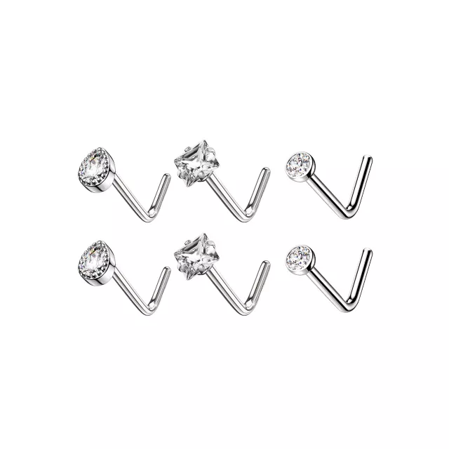 Multi-Pack CZ Titanium Assorted Shapes L-Bend Nose Rings 6 Pack - 18 Gauge