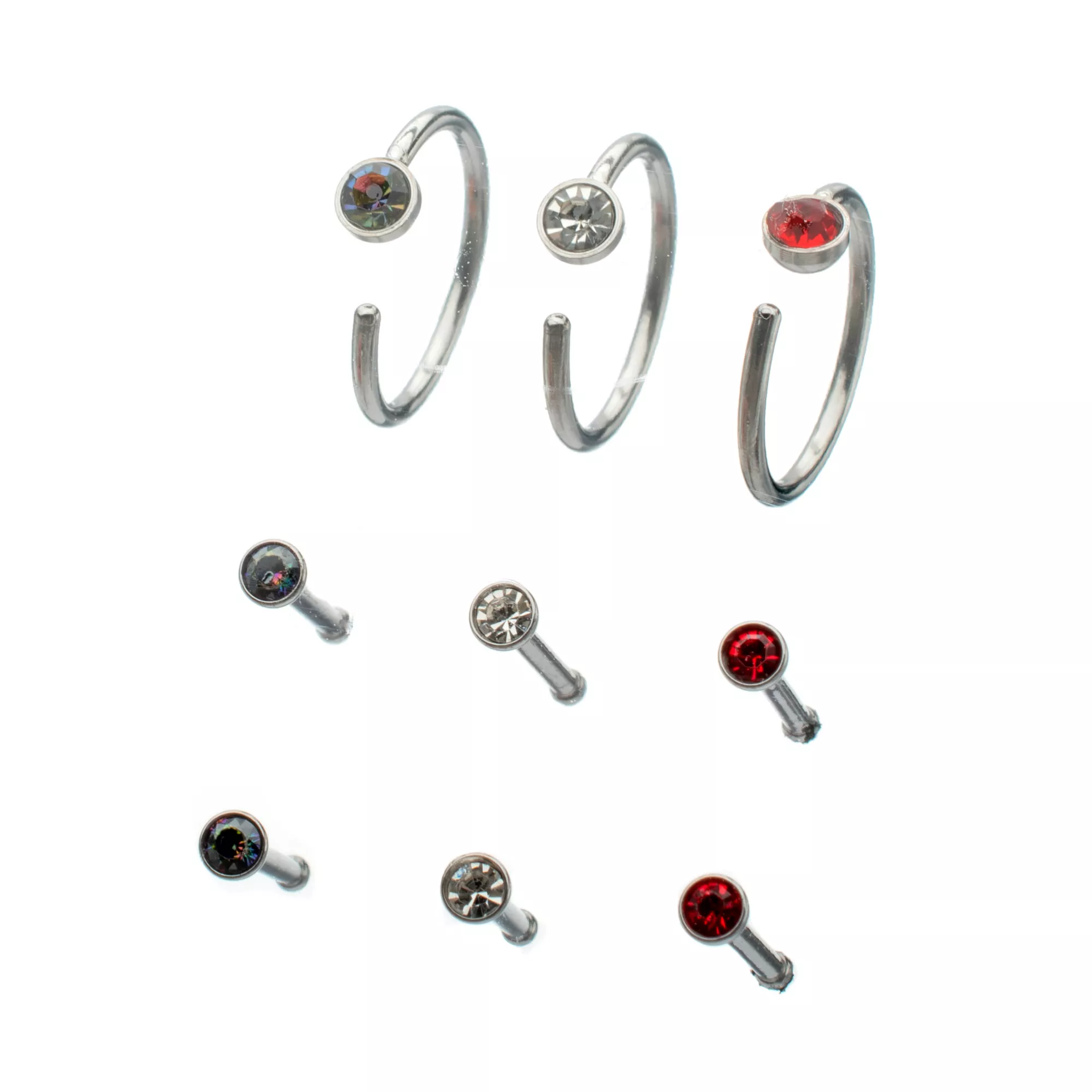 Multi-Pack Red Clear and Violet Gem Nose Pins and Hoops 9 Pack - 20 Gauge