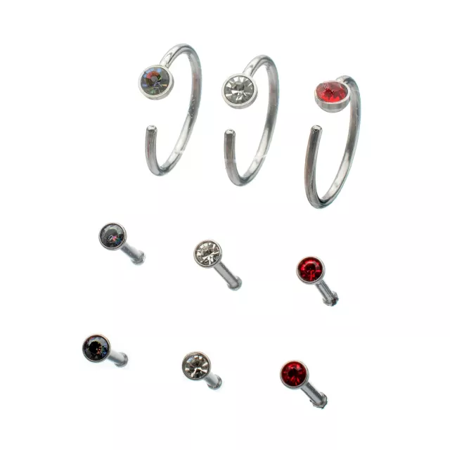 Multi-Pack Red Clear and Violet Gem Nose Pins and Hoops 9 Pack - 20 Gauge at Spencer's