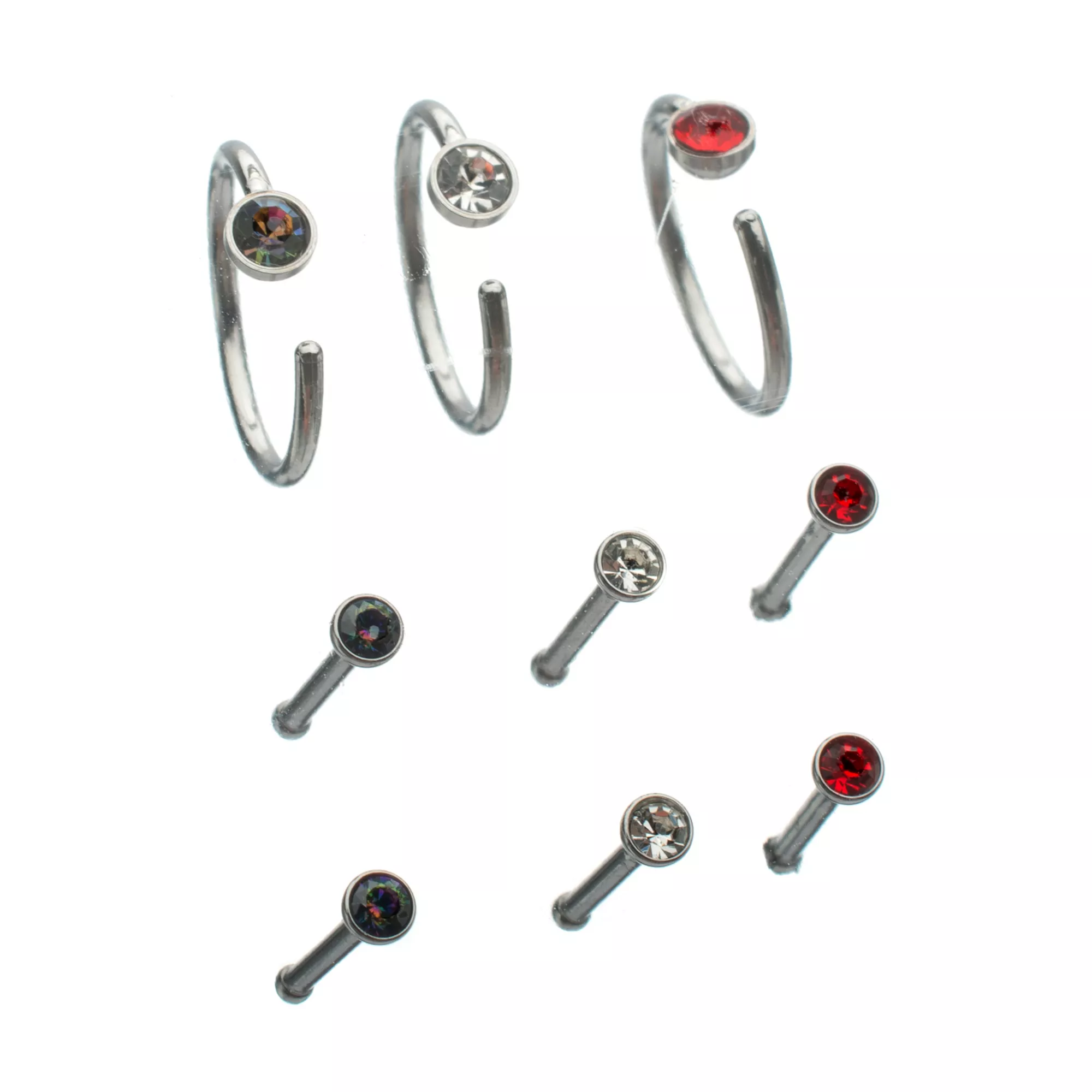 Multi-Pack Red Clear and Violet Gem Nose Pins and Hoops 9 Pack - 20 Gauge
