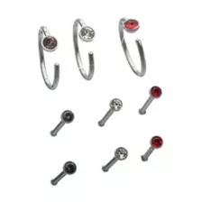 Multi-Pack Red Clear and Violet Gem Nose Pins and Hoops 9 Pack - 20 Gauge at Spencer's