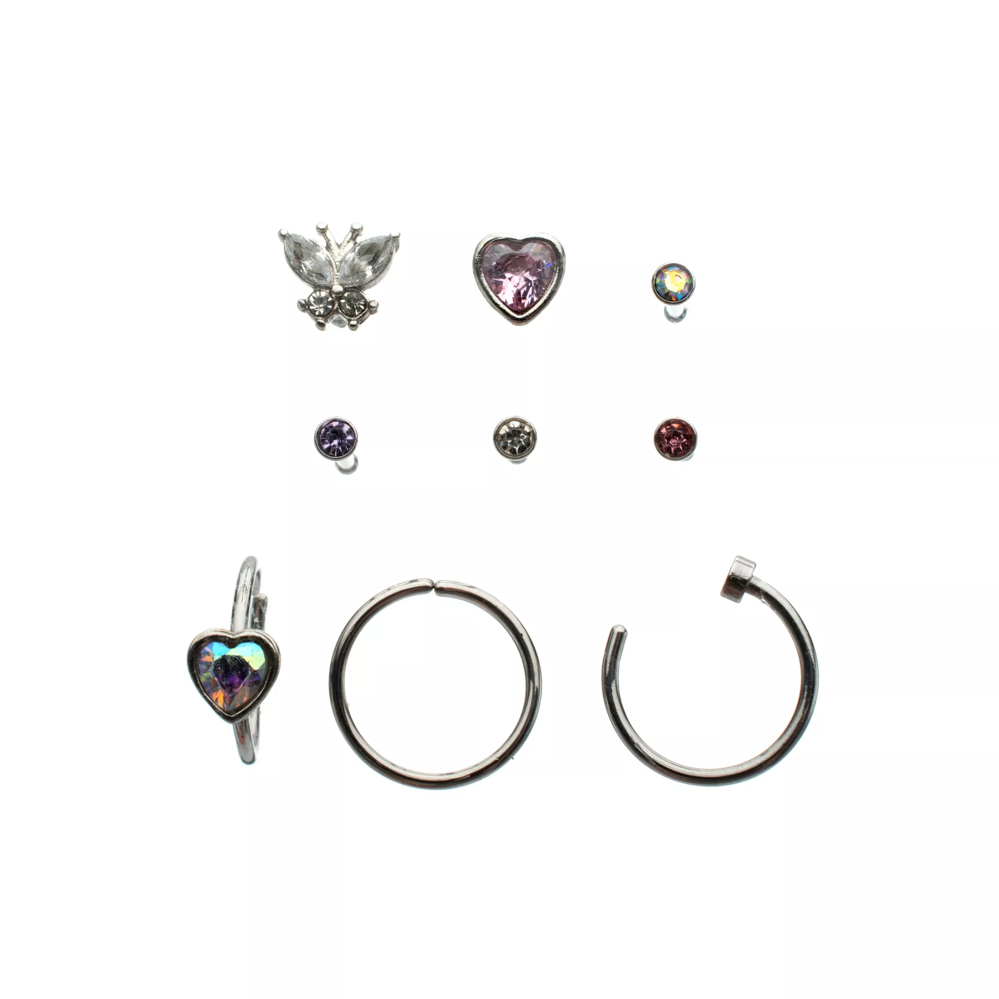 Multi-Pack Butterfly Heart Gem Nose Pins and Hoops 9 Pack - 20 Gauge at Spencer's