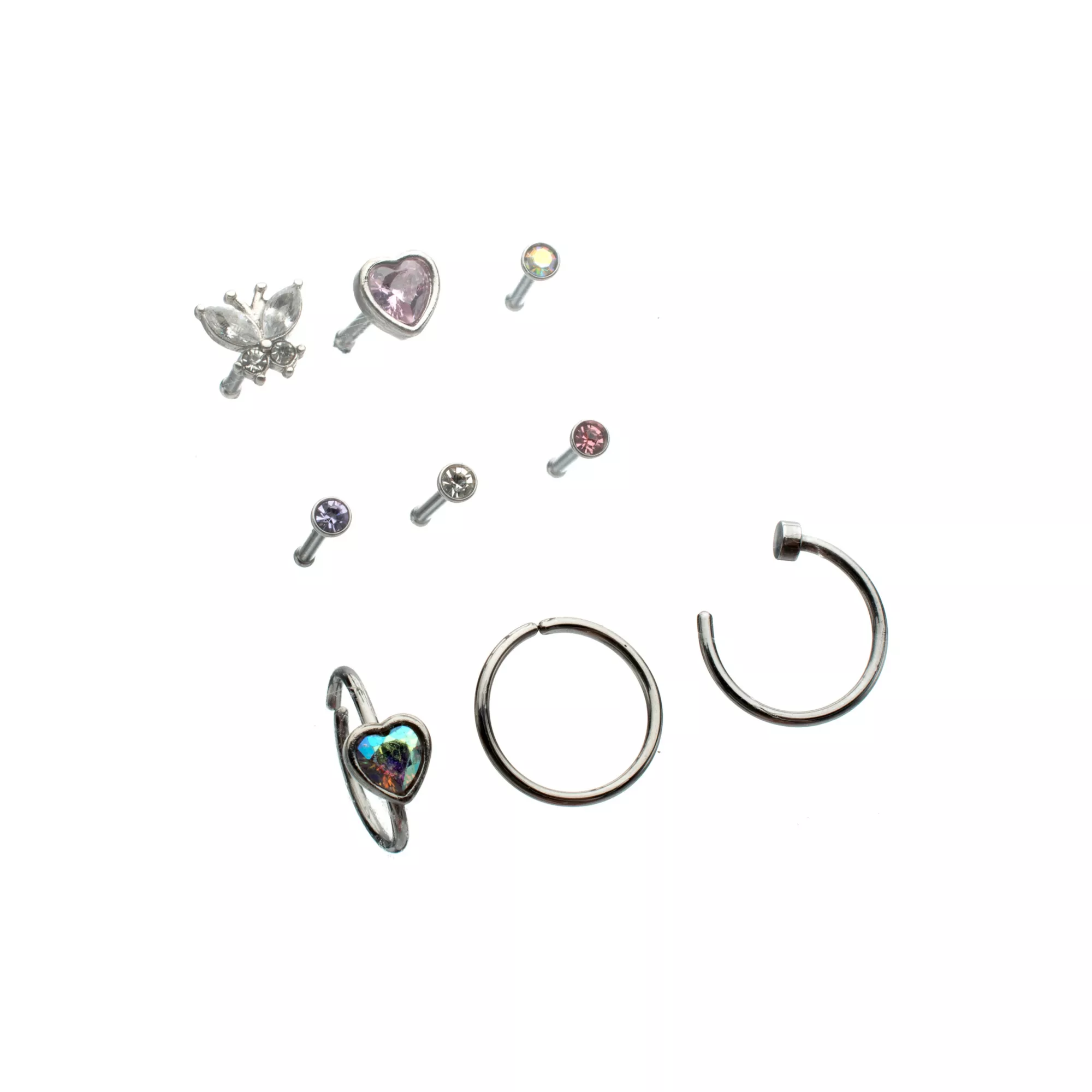 Multi-Pack Butterfly Heart Gem Nose Pins and Hoops 9 Pack - 20 Gauge at Spencer's
