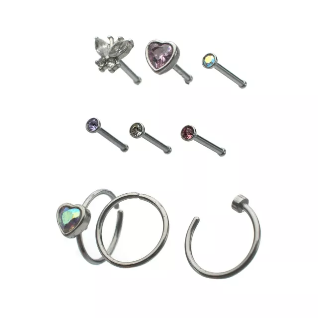 Multi-Pack Butterfly Heart Gem Nose Pins and Hoops 9 Pack - 20 Gauge at Spencer's