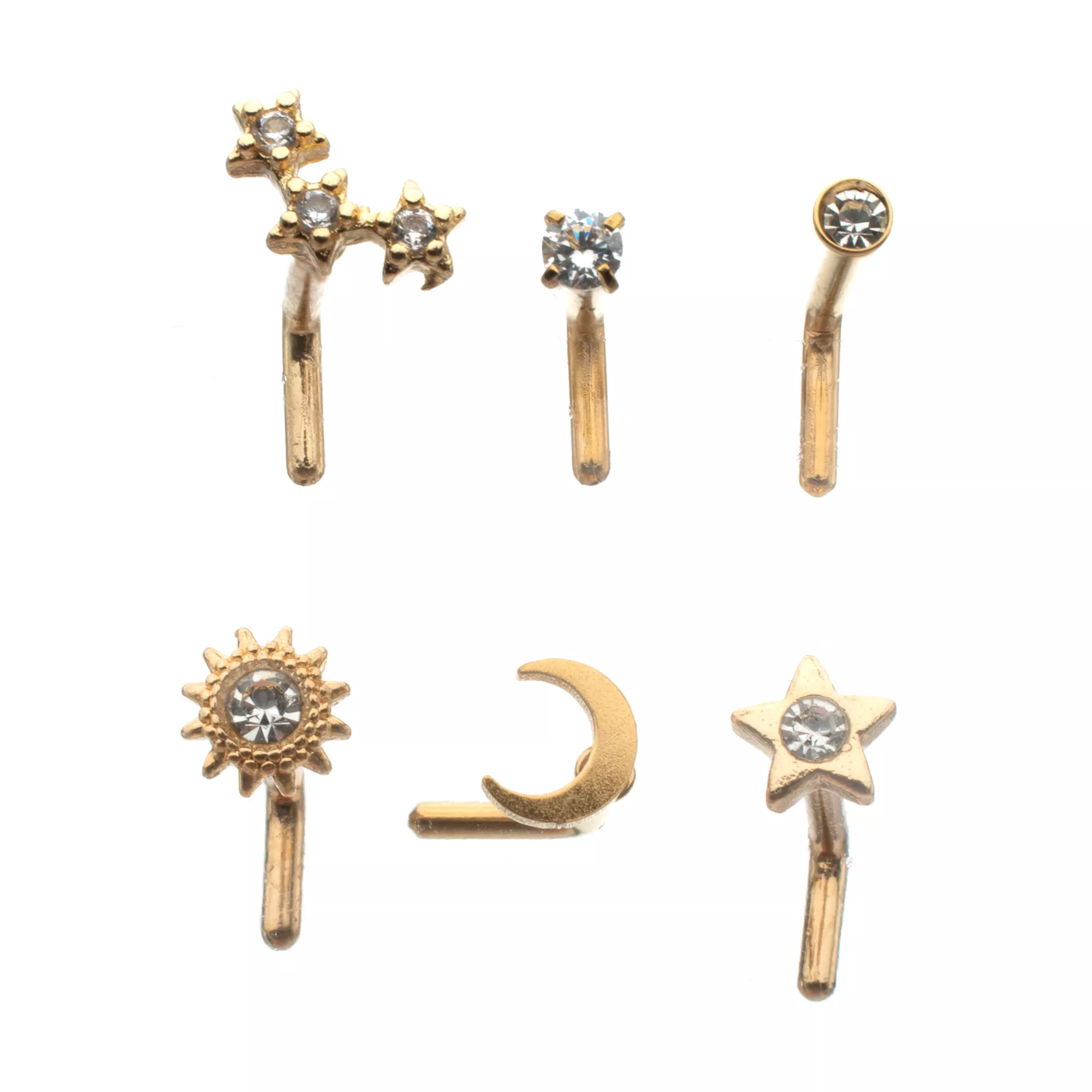 Multi-Pack CZ Gold-Plated Galaxy L-Bend Nose Rings - 6 Pack at Spencer's