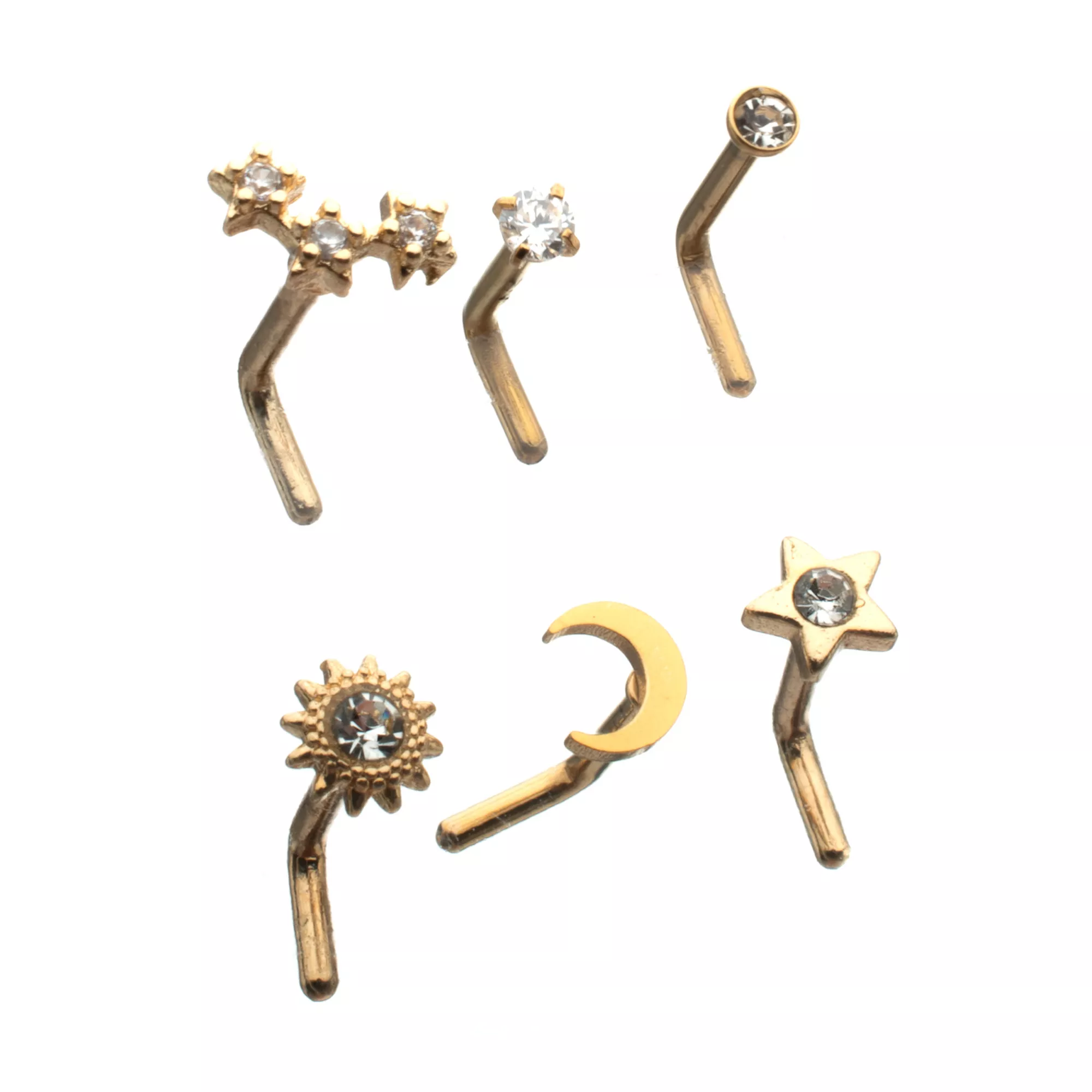 Multi-Pack CZ Gold-Plated Galaxy L-Bend Nose Rings - 6 Pack