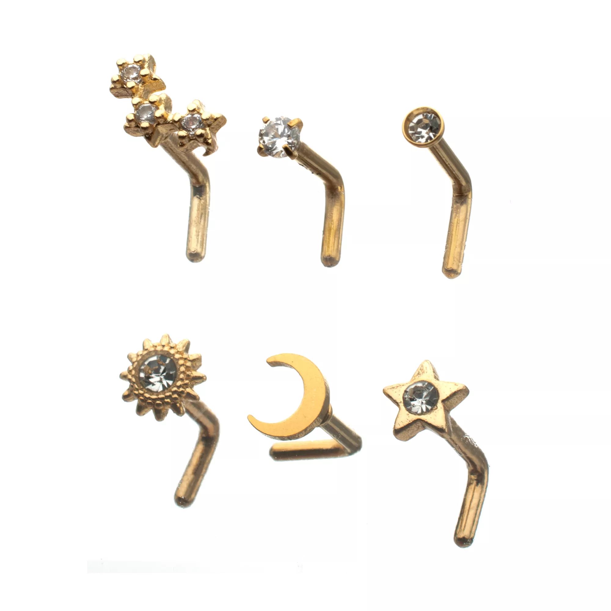 Multi-Pack CZ Gold-Plated Galaxy L-Bend Nose Rings - 6 Pack at Spencer's