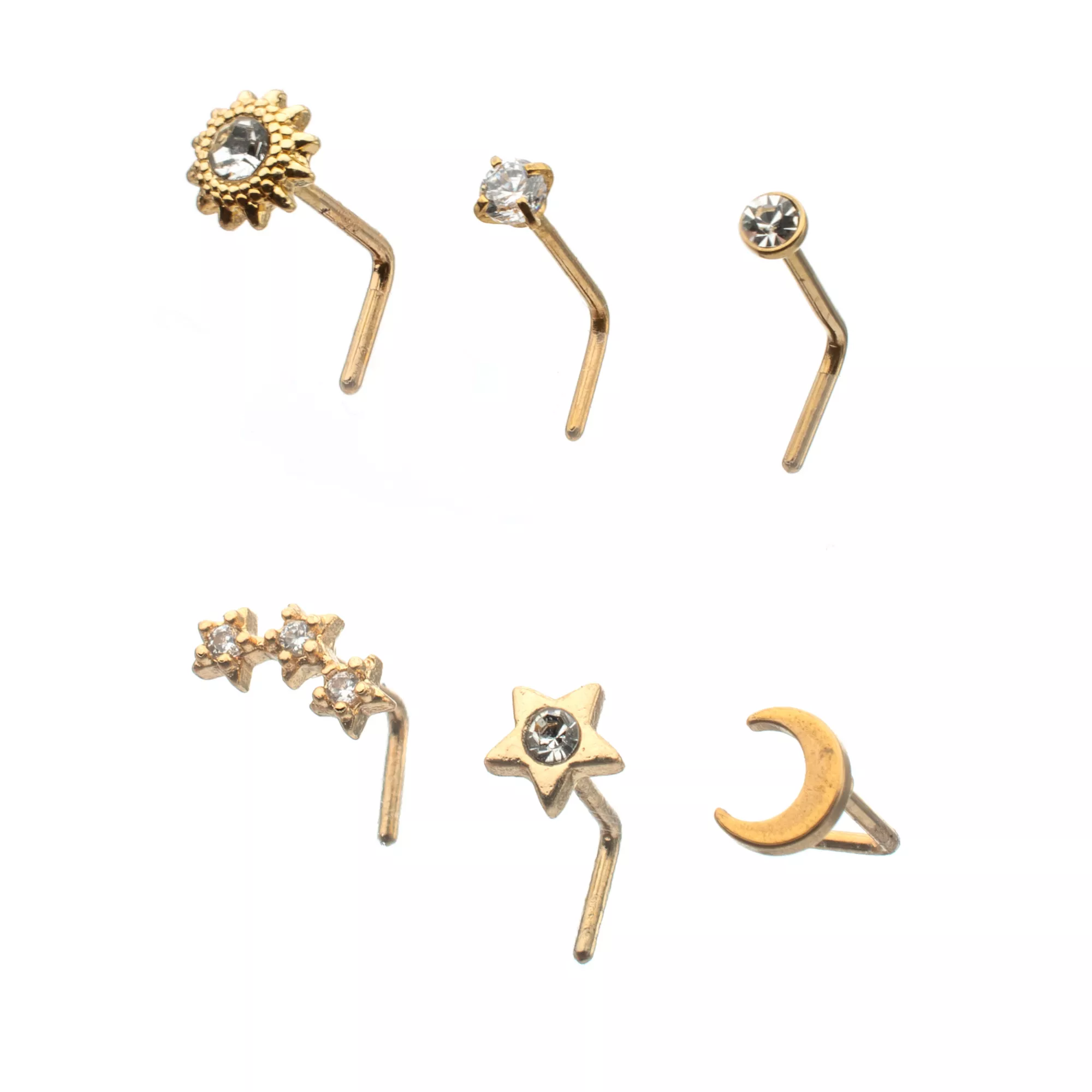 Multi-Pack CZ Gold-Plated Galaxy L-Bend Nose Rings - 6 Pack at Spencer's