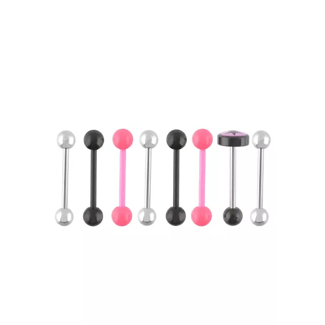 Multi-Pack Silvertone Pink and Black Tongue Barbells 8 Pack - 14 Gauge