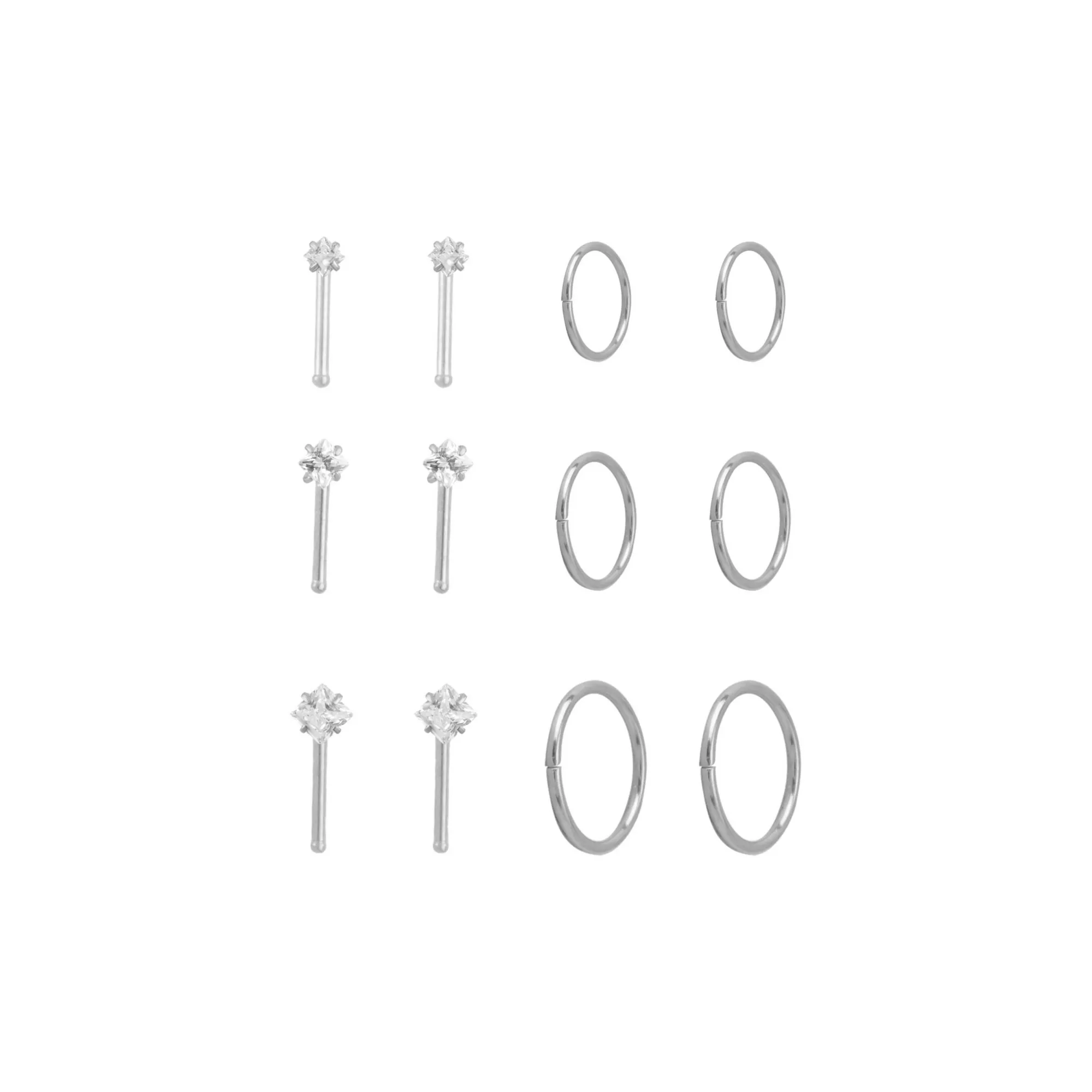 Multi-Pack CZ Silvertone Titanium Nose Pins and Hoop Nose Rings 12 Pack - 18 Gauge at Spencer's