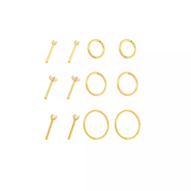 Multi-Pack Goldtone Titanium CZ Nose Pins and Hoops 12 Pack - 18 Gauge at Spencer's