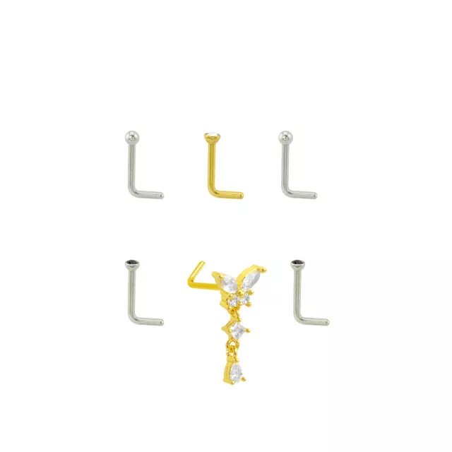 Multi-Pack Silvertone and Goldtone CZ Butterfly Dangle L-Bend Nose Pins 6 Pack - 18 Gauge at Spencer's