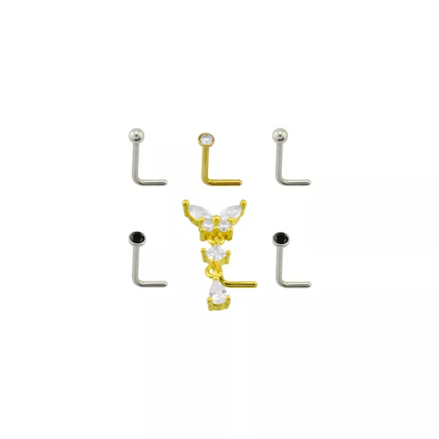 Multi-Pack Basic and CZ Butterfly Dangle L-Bend Nose Pins 6 Pack - 22 Gauge at Spencer's