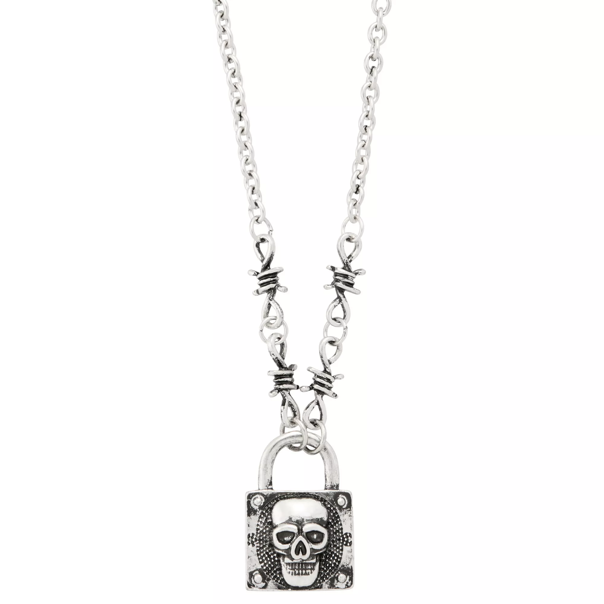 Barbed Wire Skull Lock Pendant Necklace at Spencer's