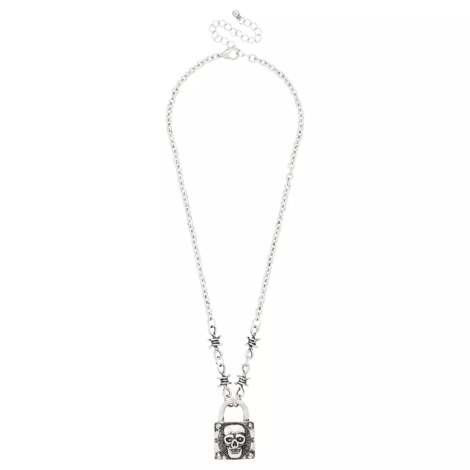 Barbed Wire Skull Lock Pendant Necklace at Spencer's