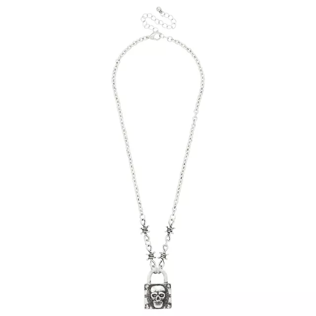 Barbed Wire Skull Lock Pendant Necklace at Spencer's