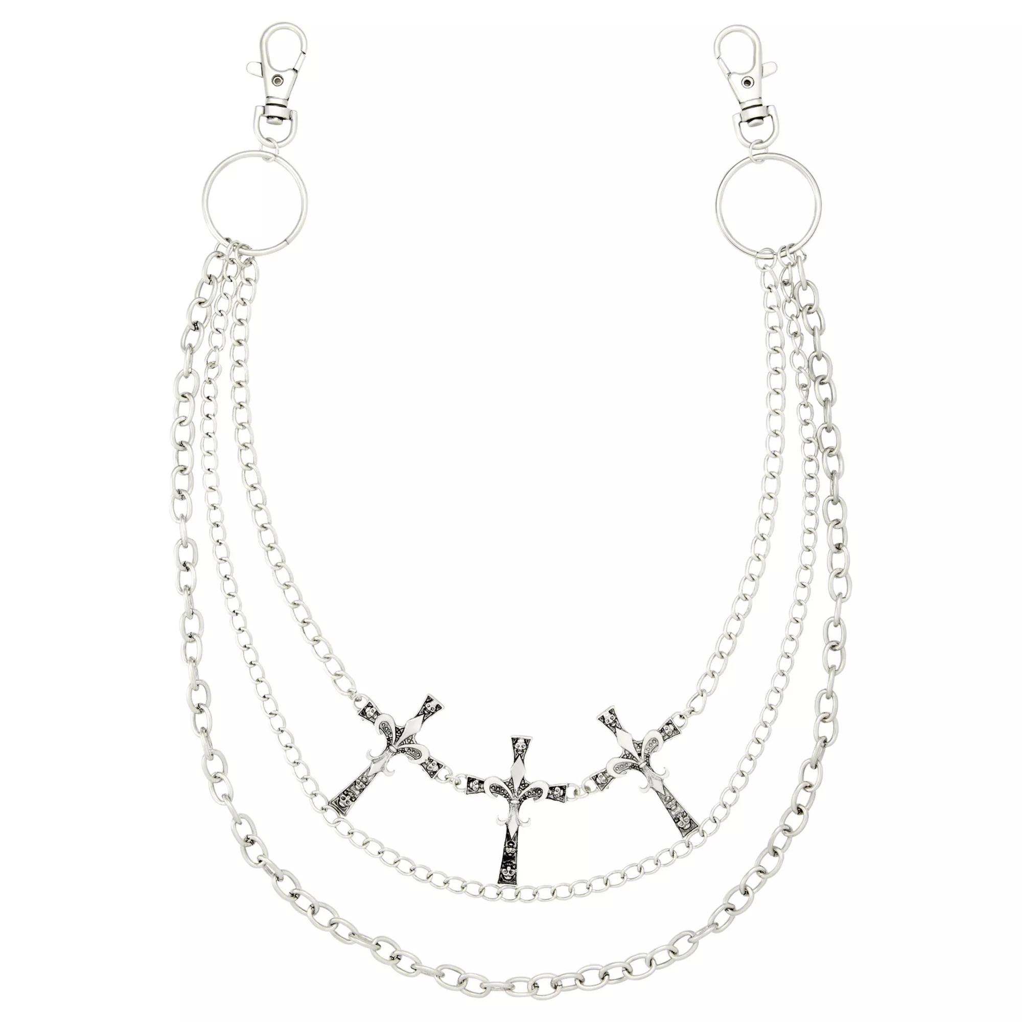 Ornate Cross 3-Row Silver-Tone Wallet Chain