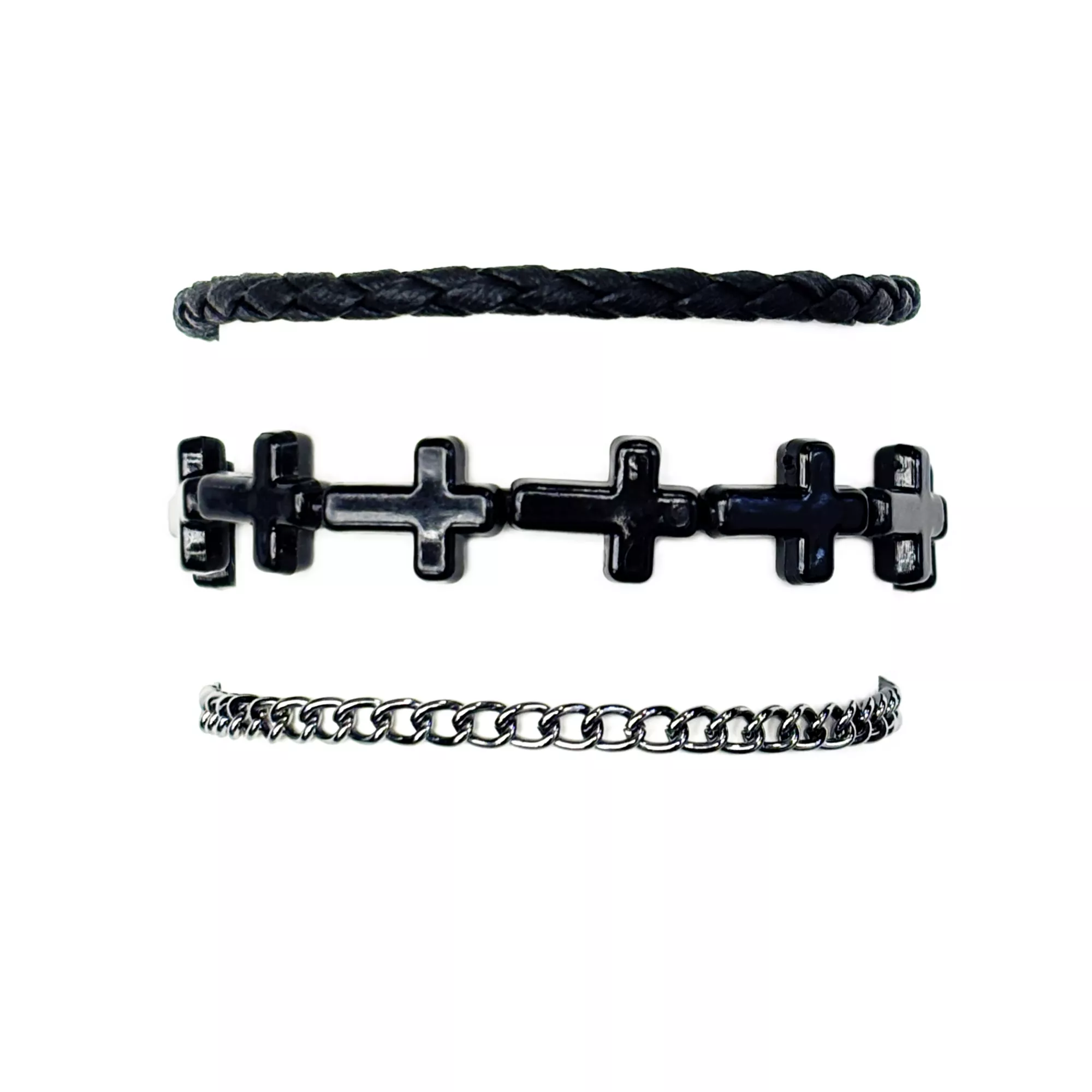 Multi-Pack Black Cross Beaded and Chain Bracelets - 3 Pack at Spencer's