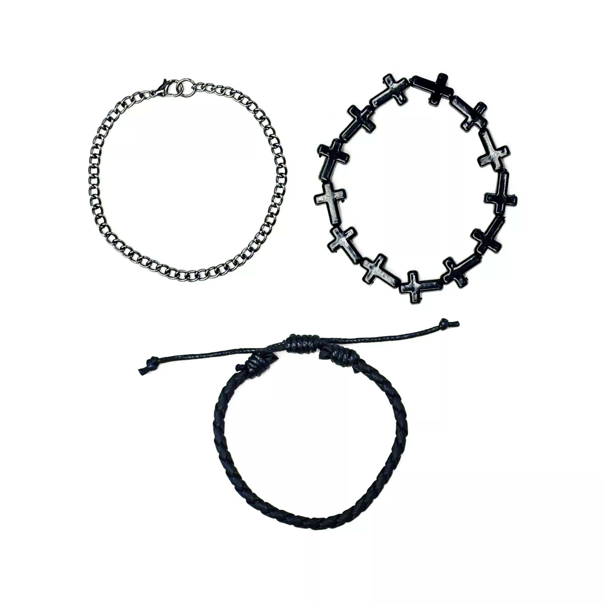 Multi-Pack Black Cross Beaded and Chain Bracelets - 3 Pack at Spencer's