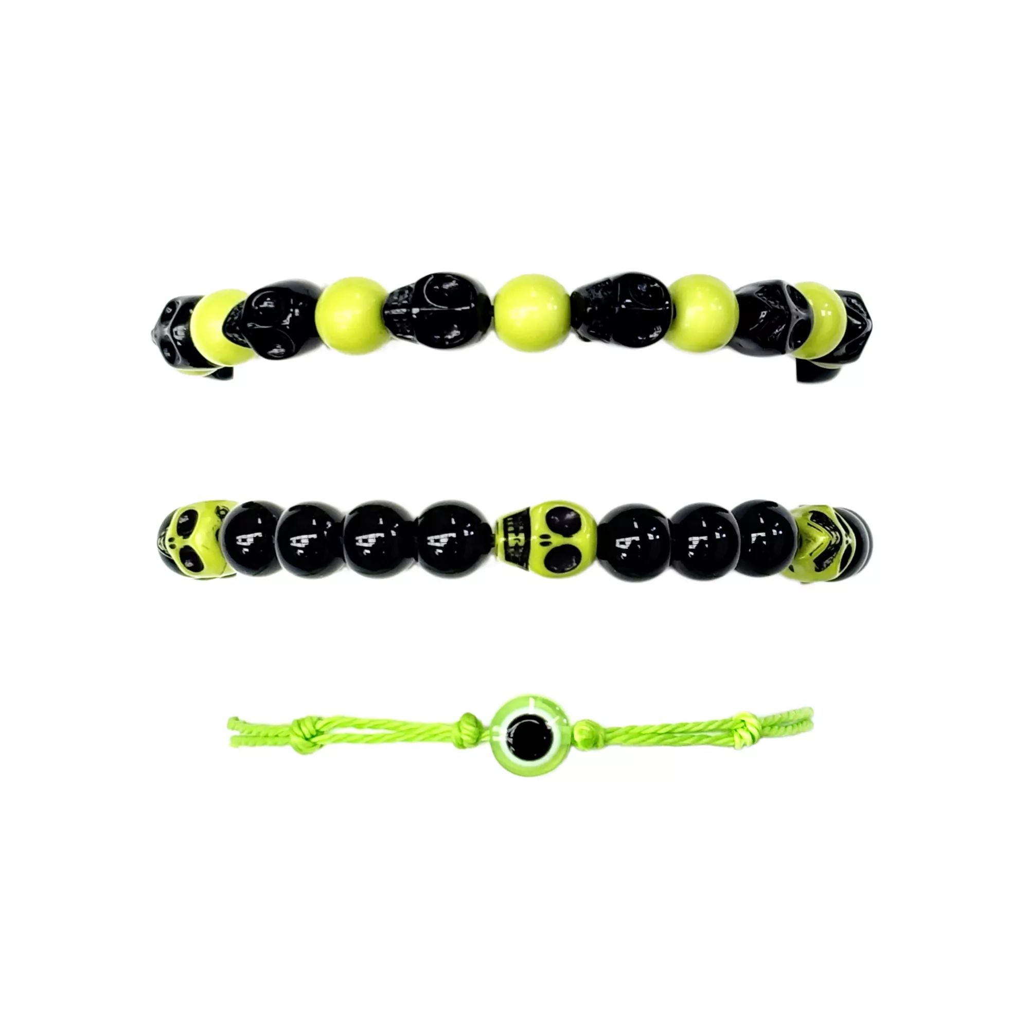 Multi-Pack Black and Neon Green Skull Cord and Beaded Bracelets - 3 Pack at Spencer's