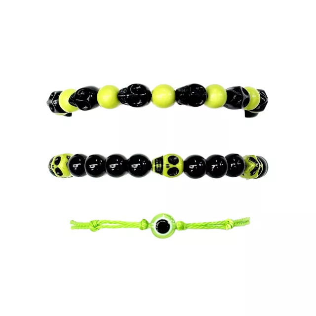 Multi-Pack Black and Neon Green Skull Cord and Beaded Bracelets - 3 Pack at Spencer's