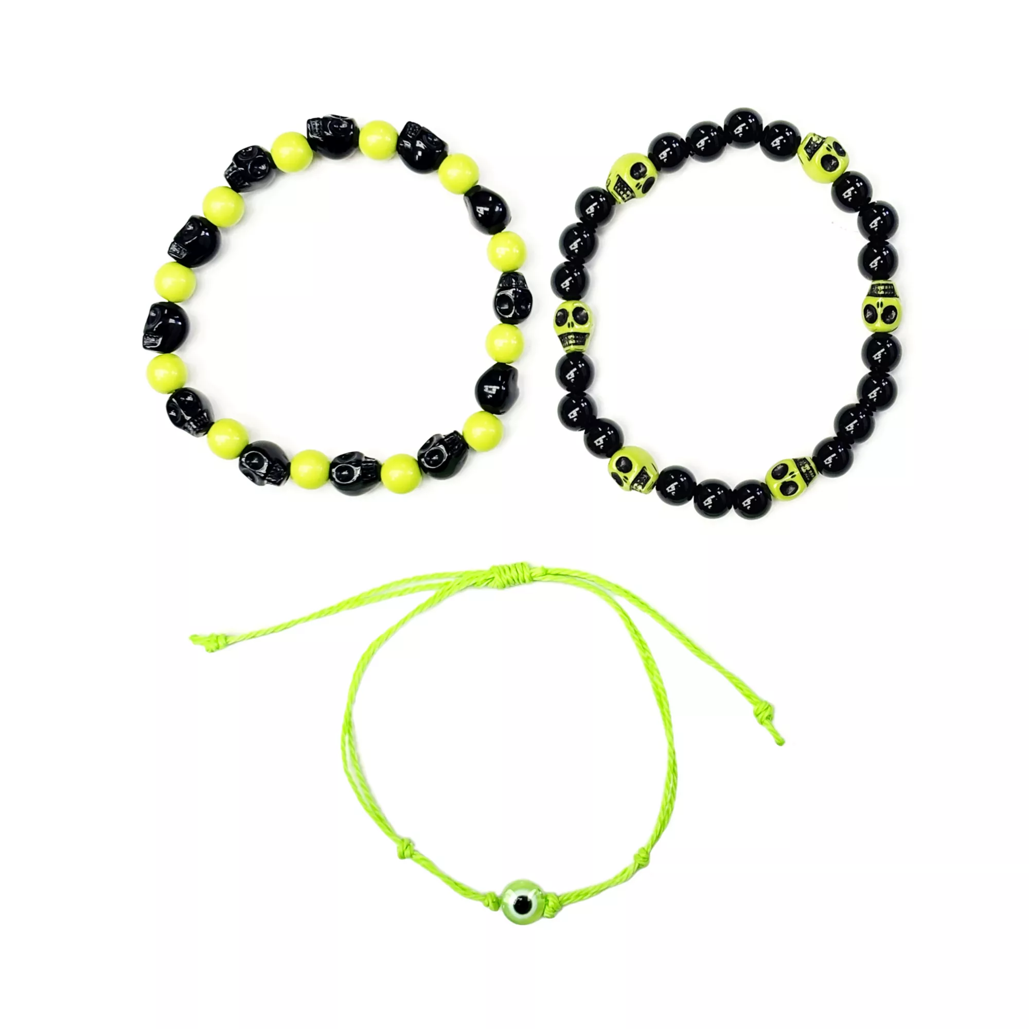 Multi-Pack Black and Neon Green Skull Cord and Beaded Bracelets - 3 Pack at Spencer's