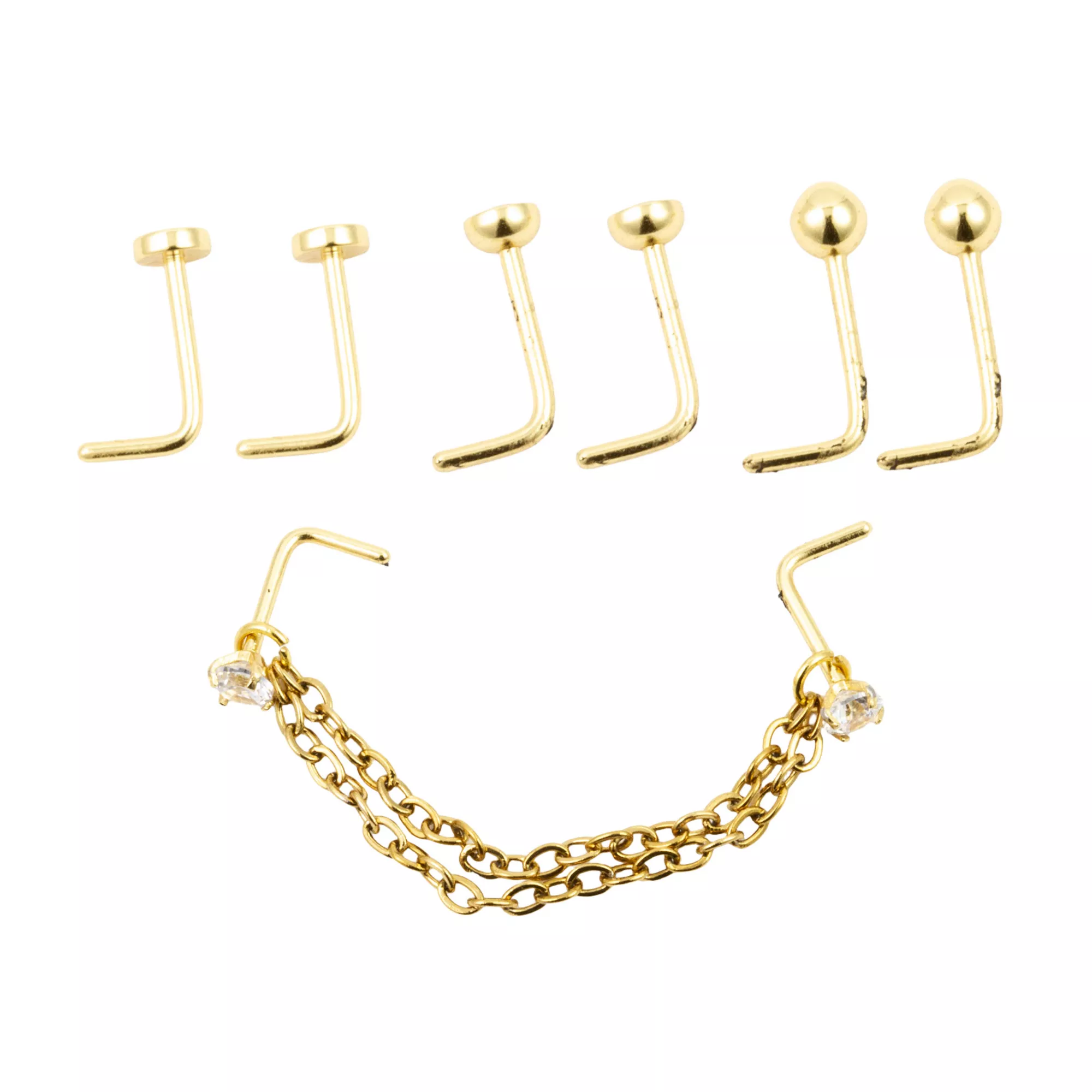 Multi-Pack Goldtone CZ Chain L-Bend Nose Pins 4 Pair - 20 Gauge at Spencer's