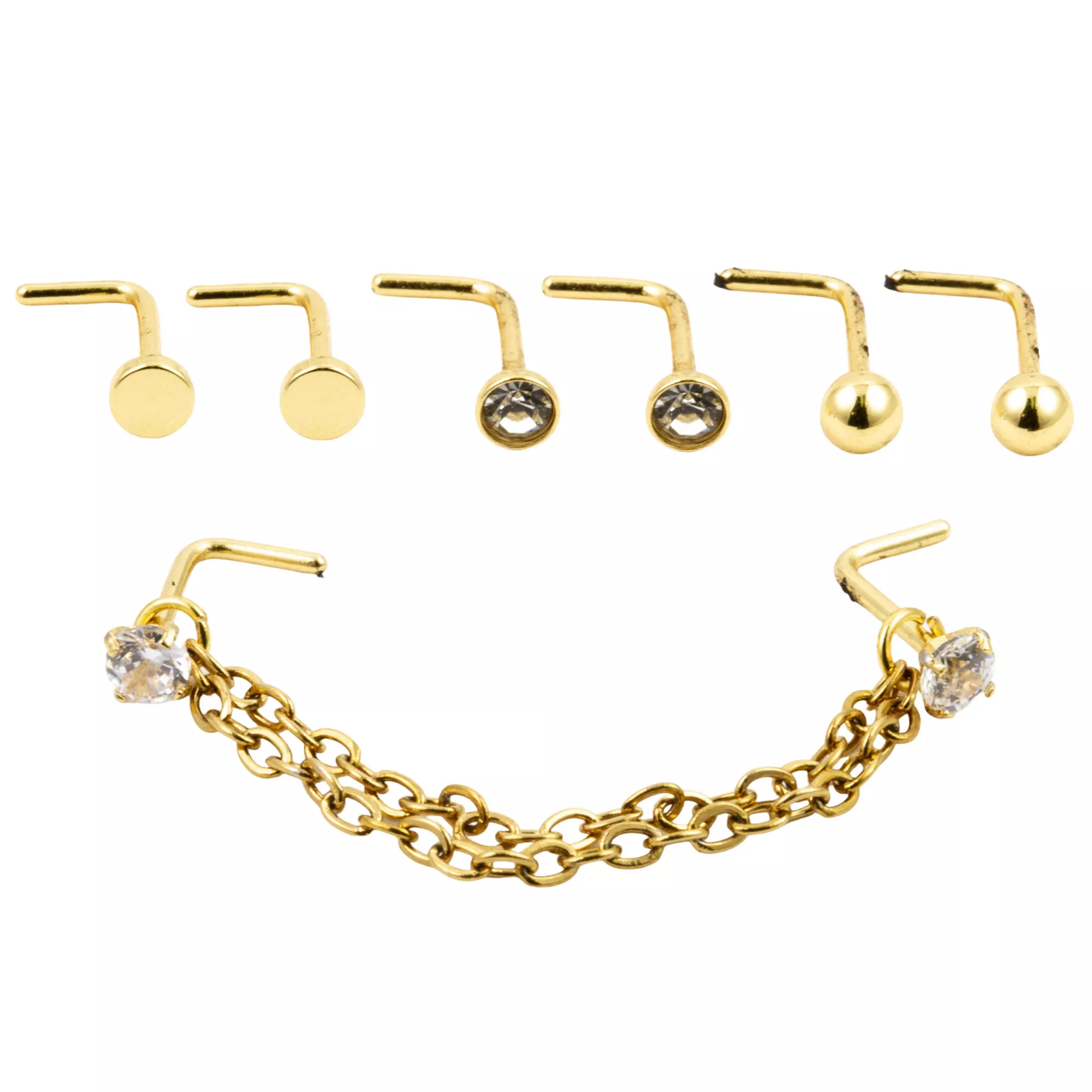 Multi-Pack Goldtone CZ Chain L-Bend Nose Pins 4 Pair - 20 Gauge at Spencer's