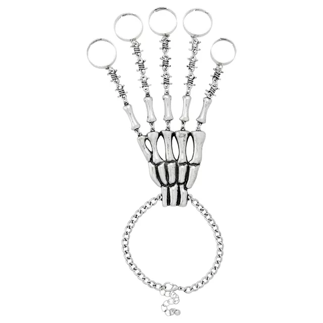 Barbed Wire Skeleton Hand Five Finger Attached Ring Chain Bracelet at Spencer's