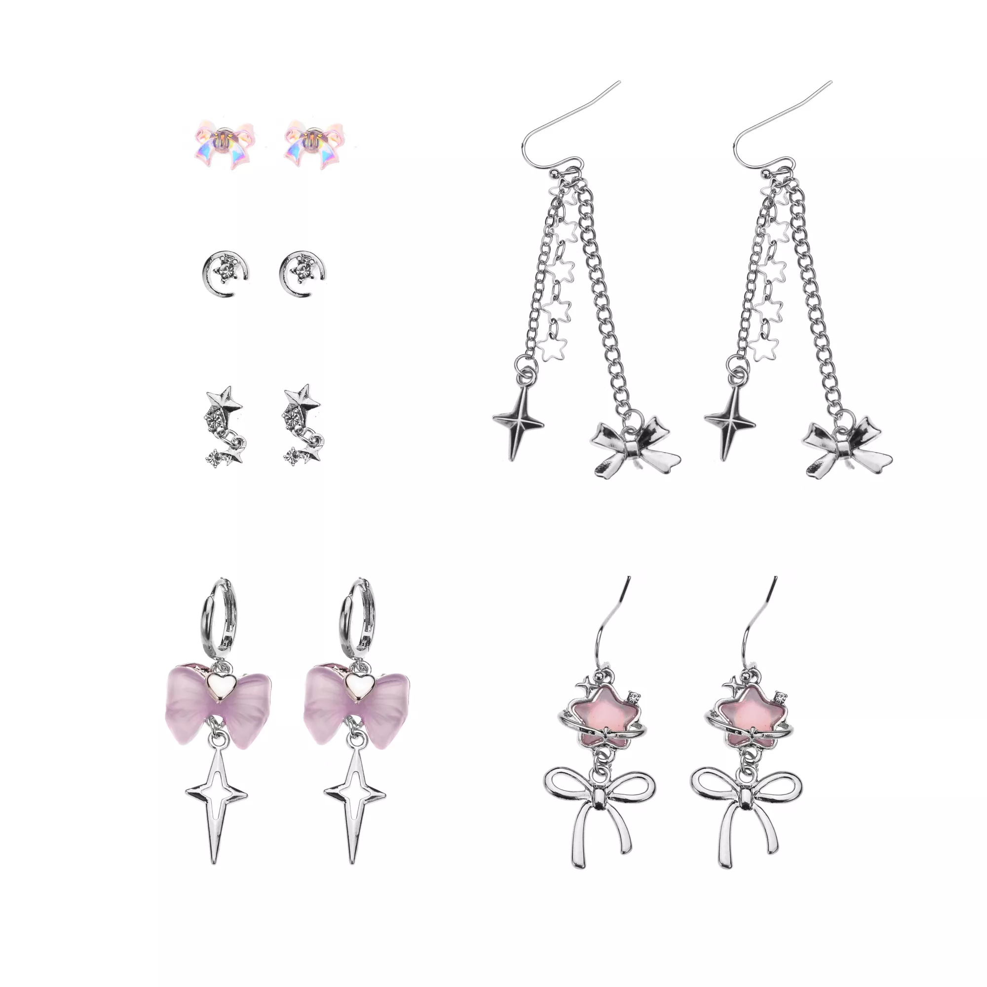 Multi-Pack Pink Bow and Star Earrings - 6 Pair at Spencer's