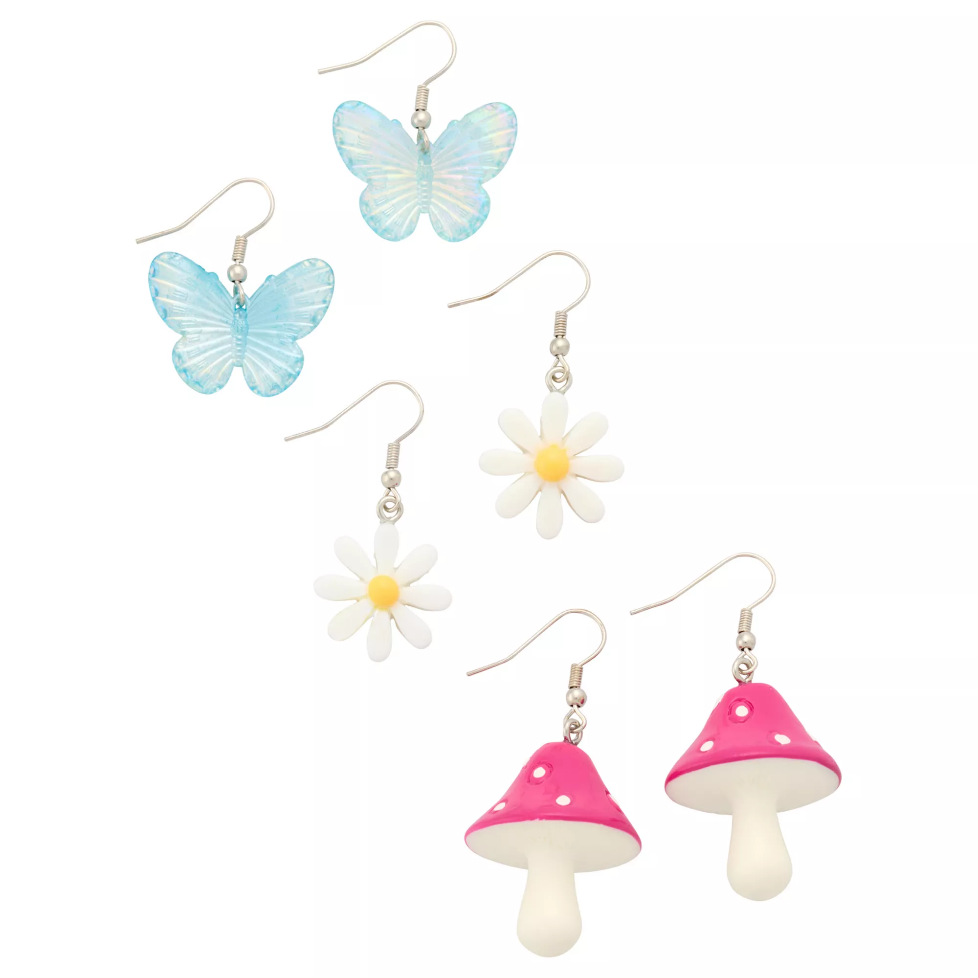 Multi-Pack Butterfly, Daisy, and Mushroom Dangle Earrings - 3 Pack at Spencer's