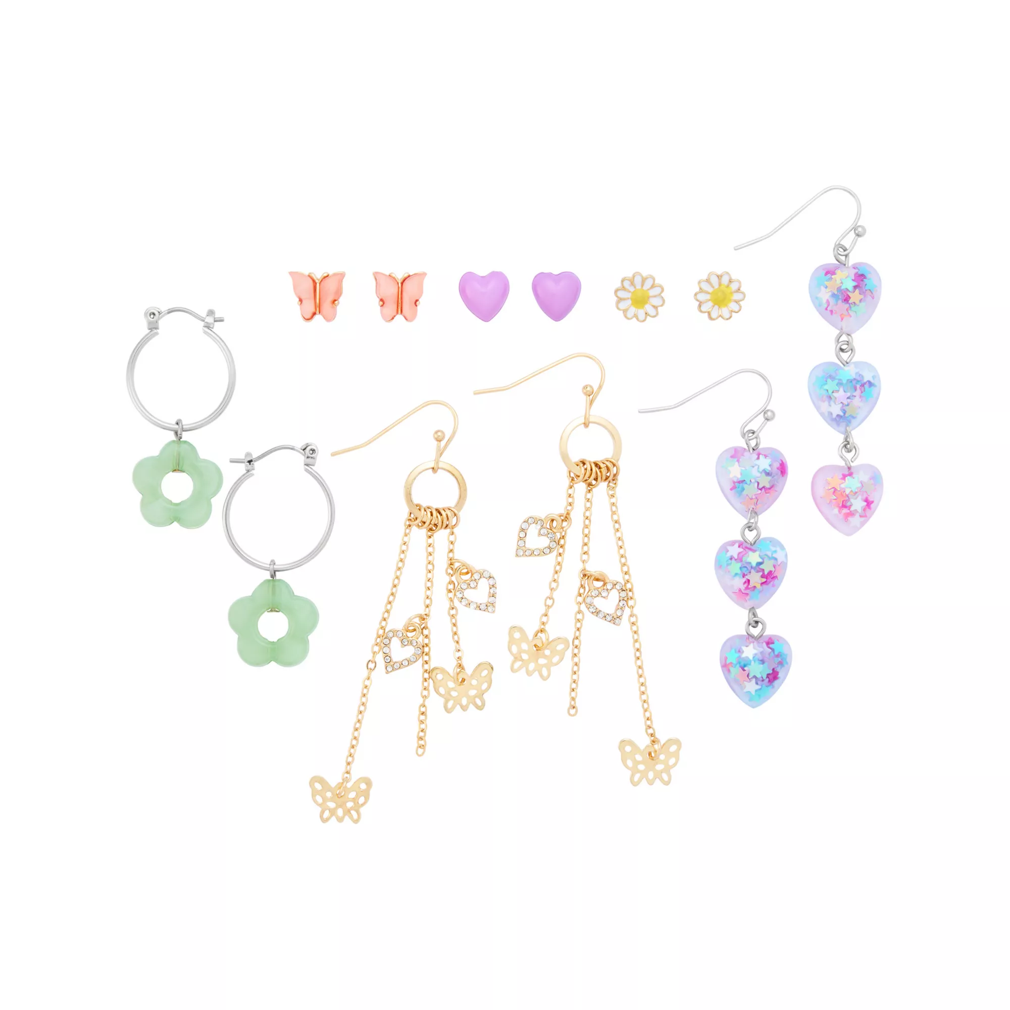 Multi-Pack Heart Butterfly Flower Assorted Earrings - 6 Pack at Spencer's