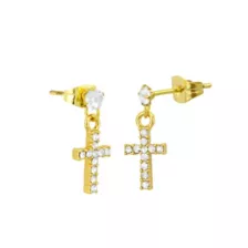 14K Gold-Plated CZ Cross Dangle Earrings - 20 Gauge at Spencer's