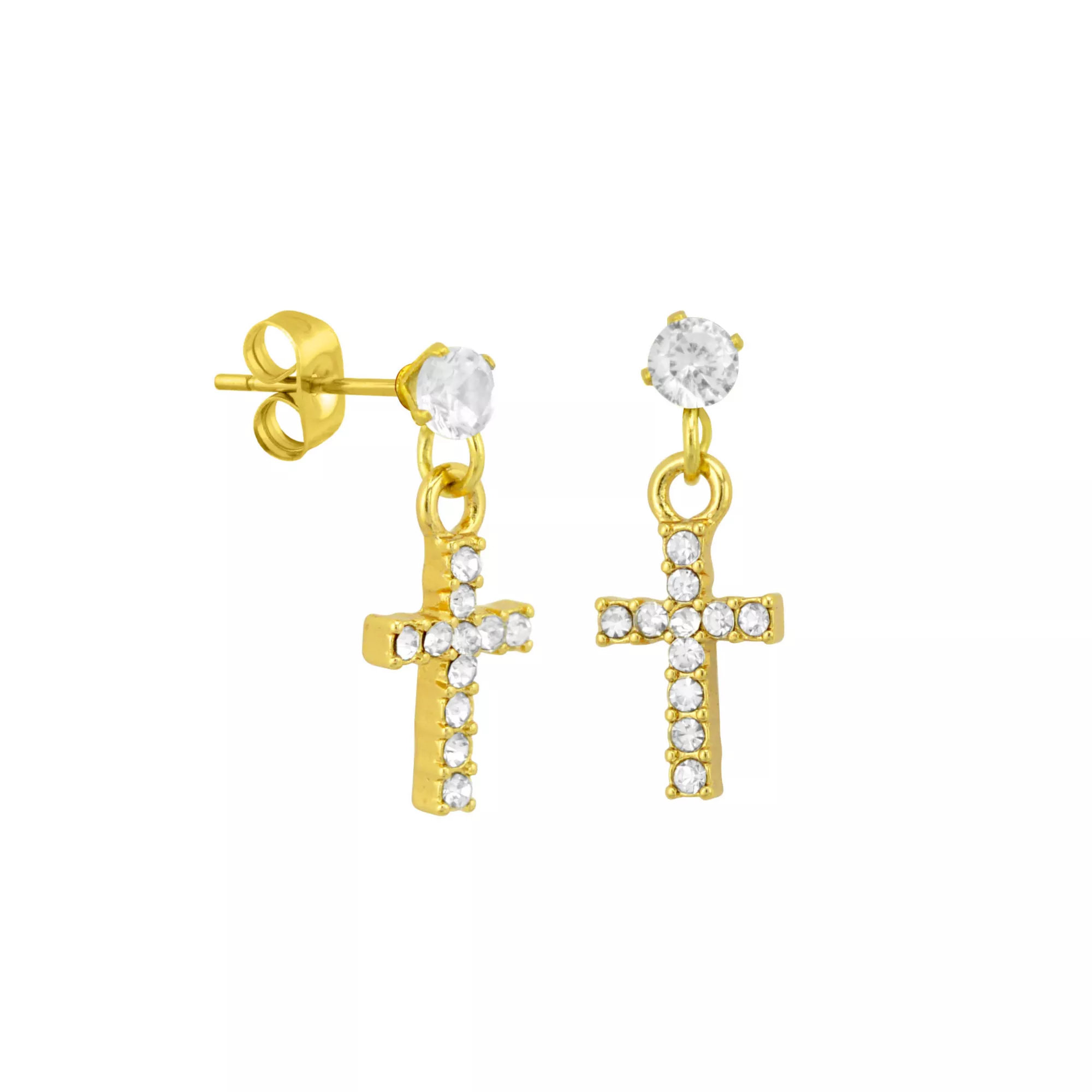 14K Gold-Plated CZ Cross Dangle Earrings - 20 Gauge