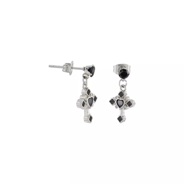 Silvertone and Black CZ Gothic Cross Dangle Stud Earrings - 20 Gauge at Spencer's